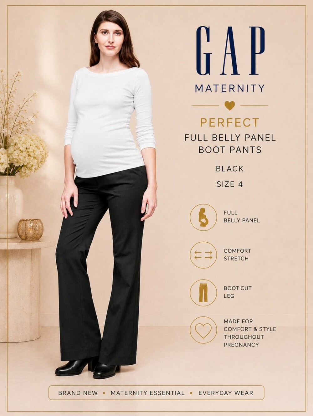 Brand New GAP Maternity PERFECT Full Belly Panel Black Boot Pants Size 4